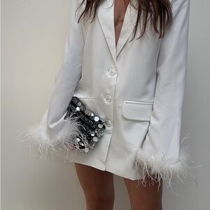 Tease me White Feather Trim Blazer Dress NWT